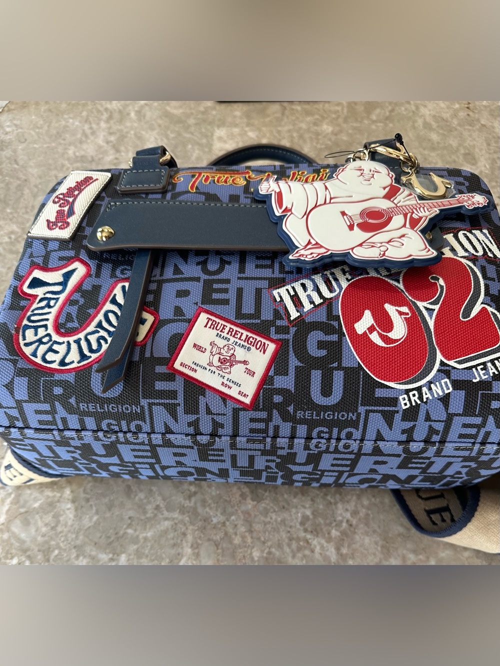True Religion Multi Patch Satchel Bag Navy Denim Crossbody Monogram Y2K NWT - Picture 8 of 14